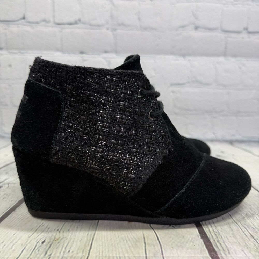 Toms Wedge Booties Women Size 7.5 Suede Leather Tweed Lace Up Casual Shoes